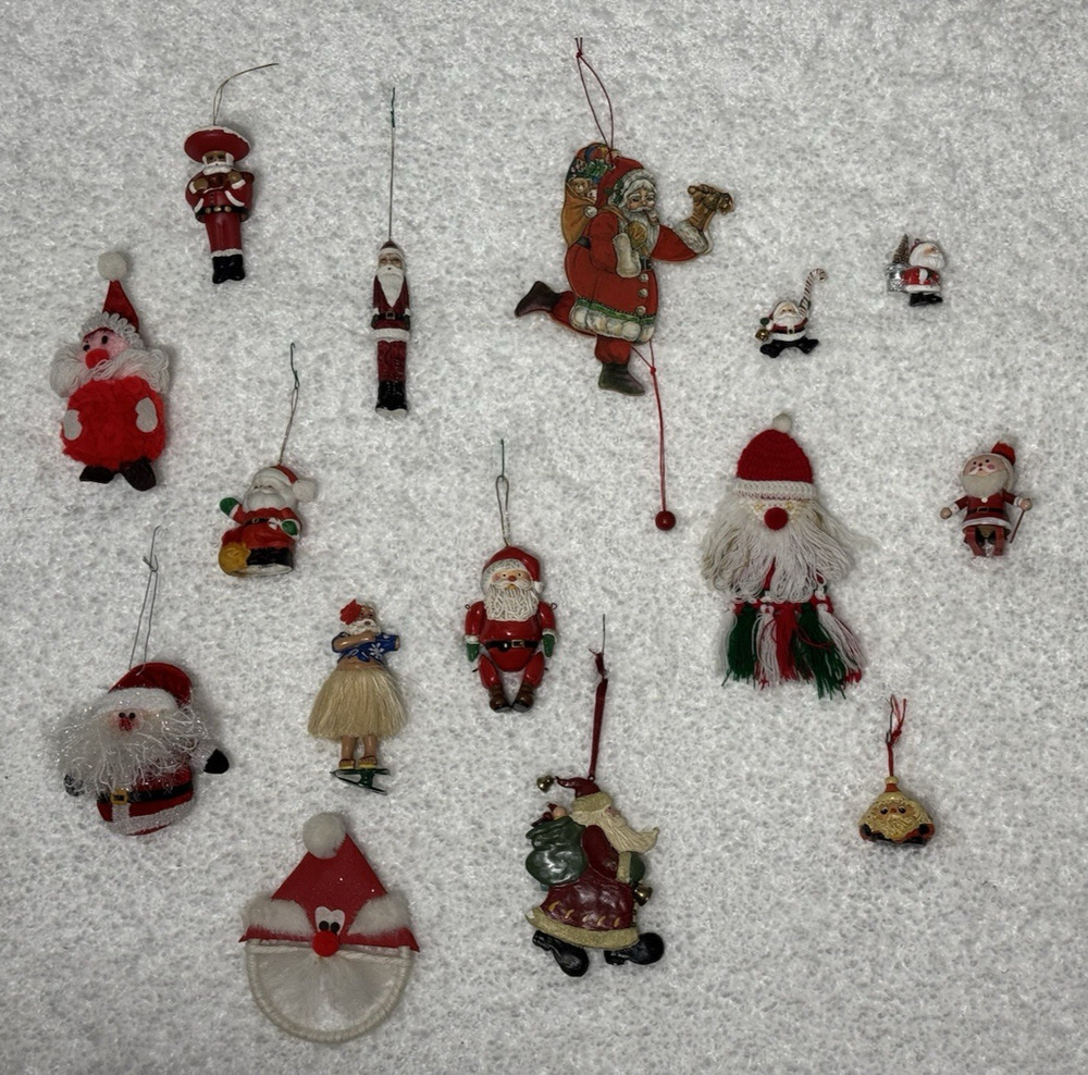 15 Santa Christmas Ornaments Crochet Macrame Bells, Clips, Vintage Handmade